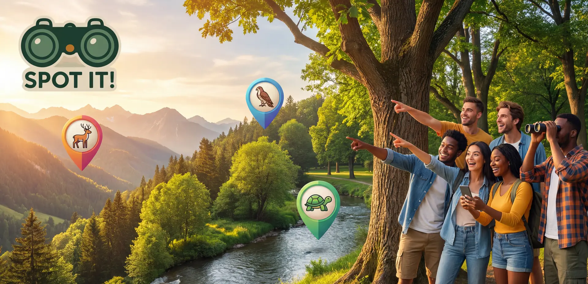 Friends spotting wildlife in a forest with the Spot It! app